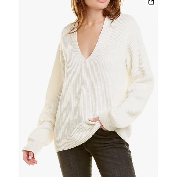 Anthropologie Endless Rose Knit Cream Deep V-Neck Ribbed Sweater Size Medium - Picture 1 of 7